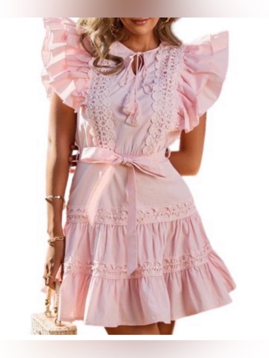 None Dresses & Skirts - Pink Lace Detail Mini Dress Flutter Sleeve Cottagecore Barbiecore Size Small